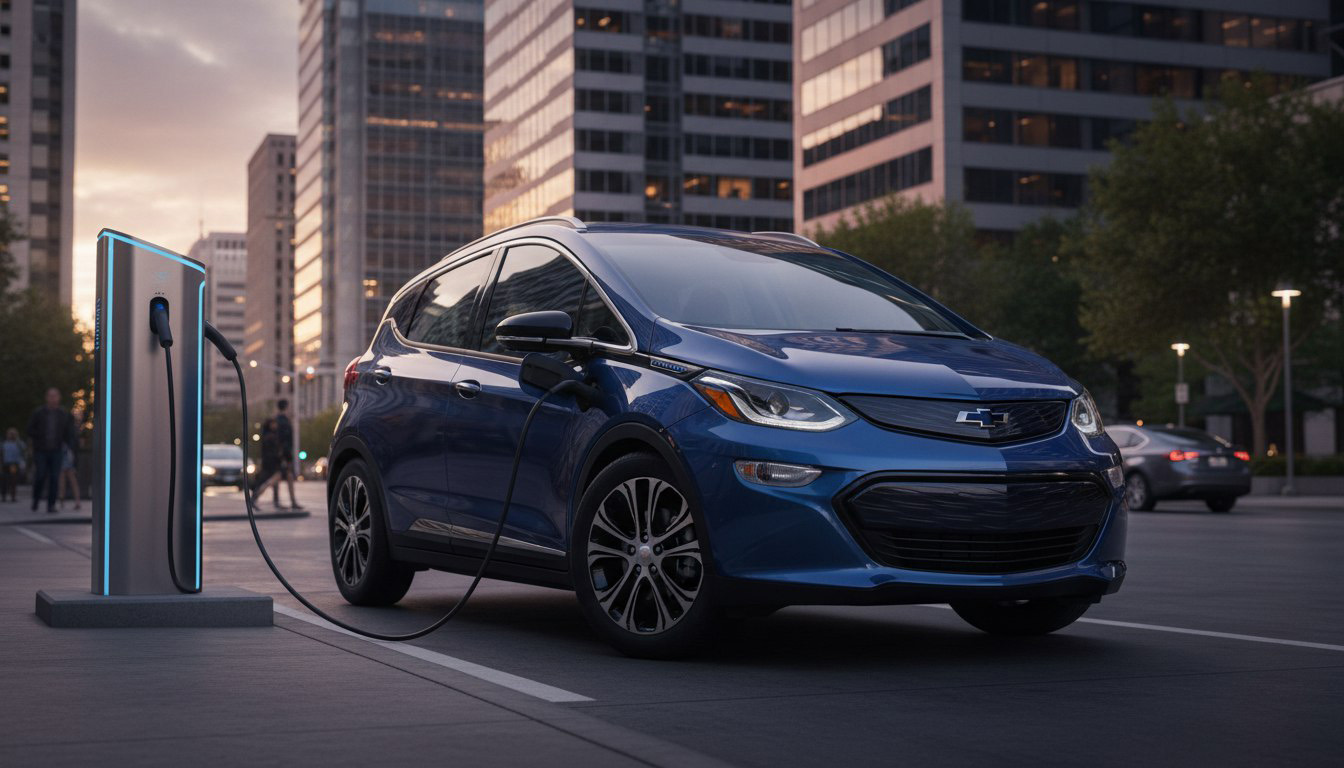 электромобиль Chevrolet Bolt EV заряжается на парковке 