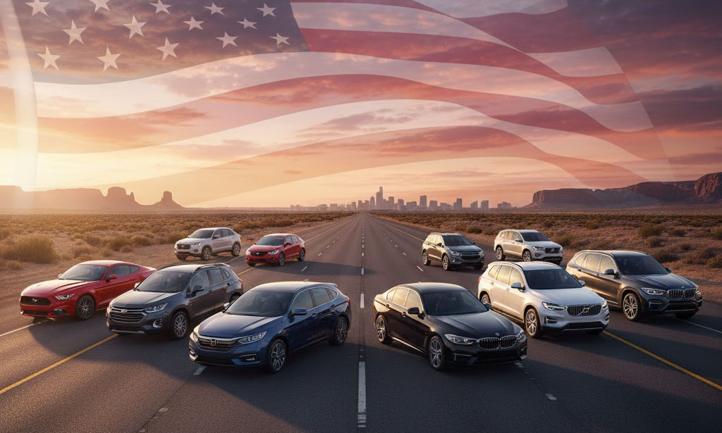 Топ 10 автомобилей из США выстроены в ряд на американском шоссе