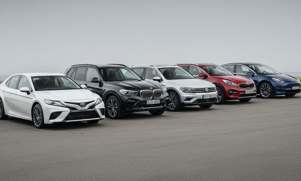 5 автомобилей стоят в ряд